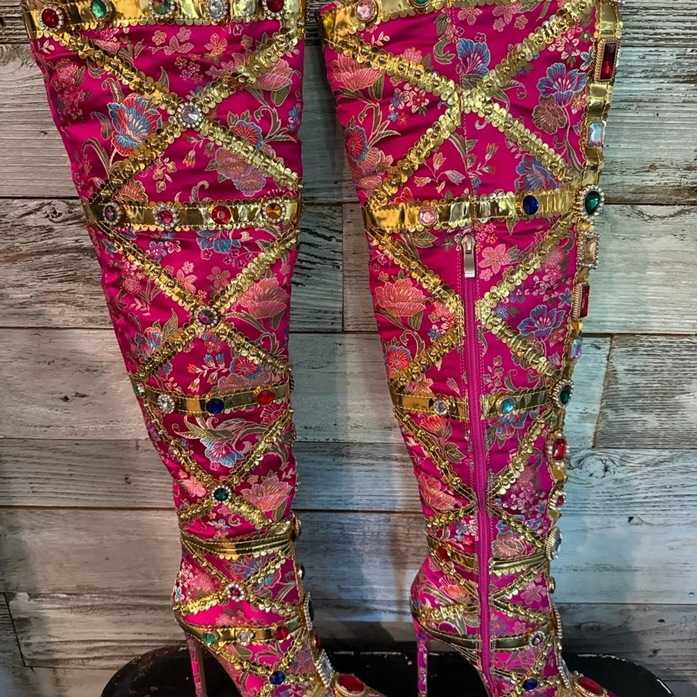 NWT Vibrant Jewel-Embellished Heeled Boots - Picture 3 of 5